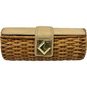 Michael Kors Woven Rattan Clutch with Gold Geometric Clasp – light gold leather
